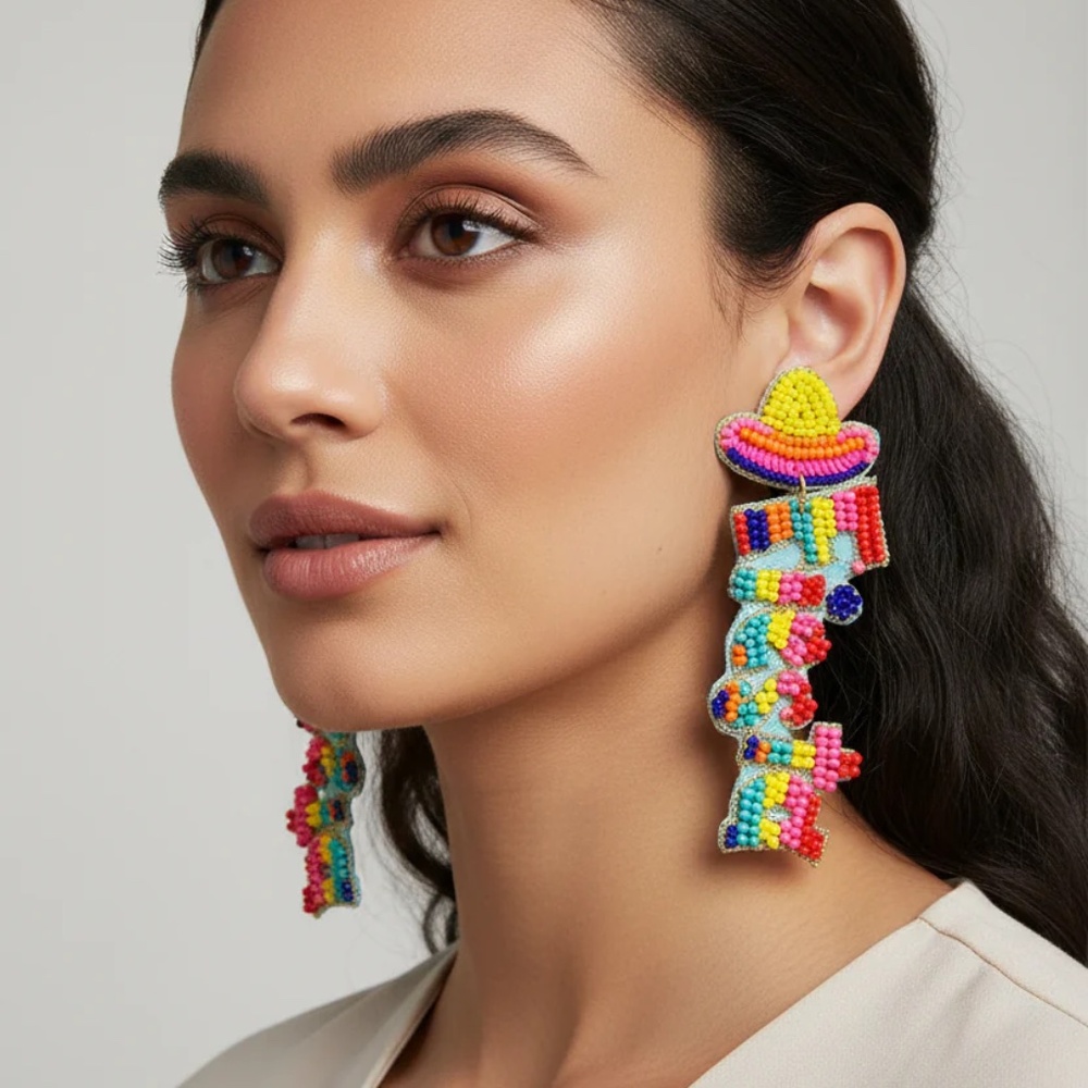 NWT Fiesta Felt Back Colorful Seed Beaded Earrings